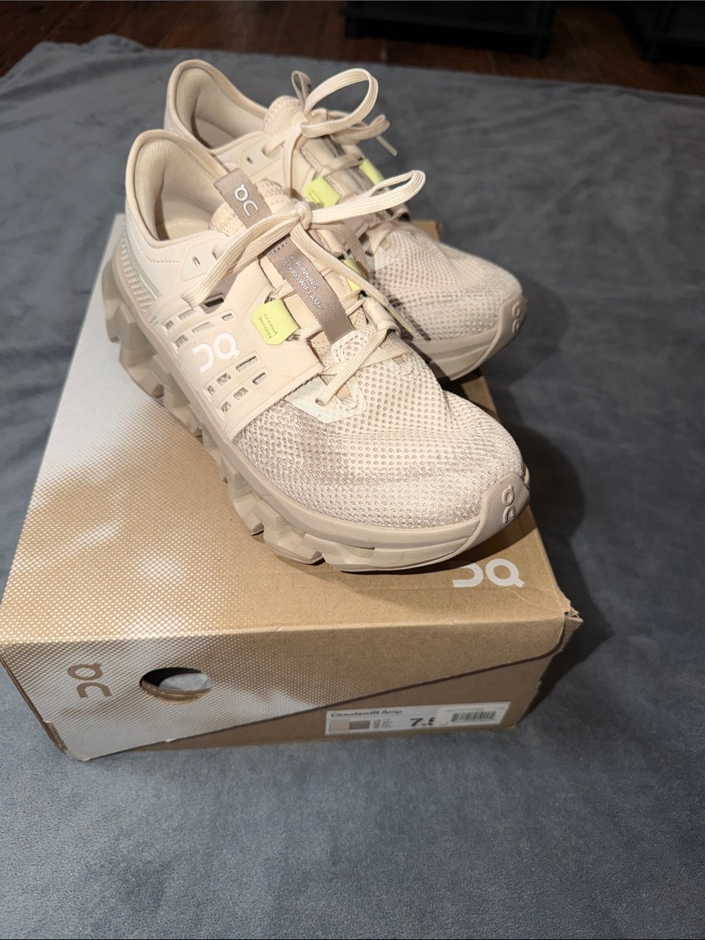 On Running Womens Beige/Nude Cloudswift Amp in Sand|Desert with Neon Accent